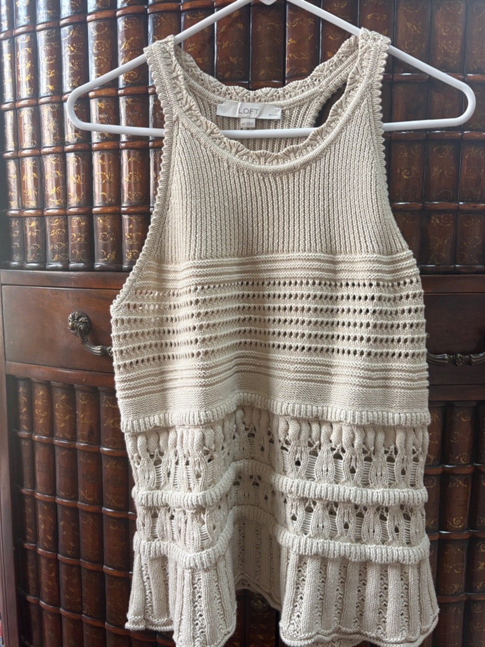 LOFT Beige Crochet Tank with Ladder Stitch Details